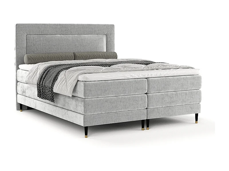 Łóżko boxspring w tkaninie szenilowej Madame - materac - topper - 140x200 cm - jasnoszary