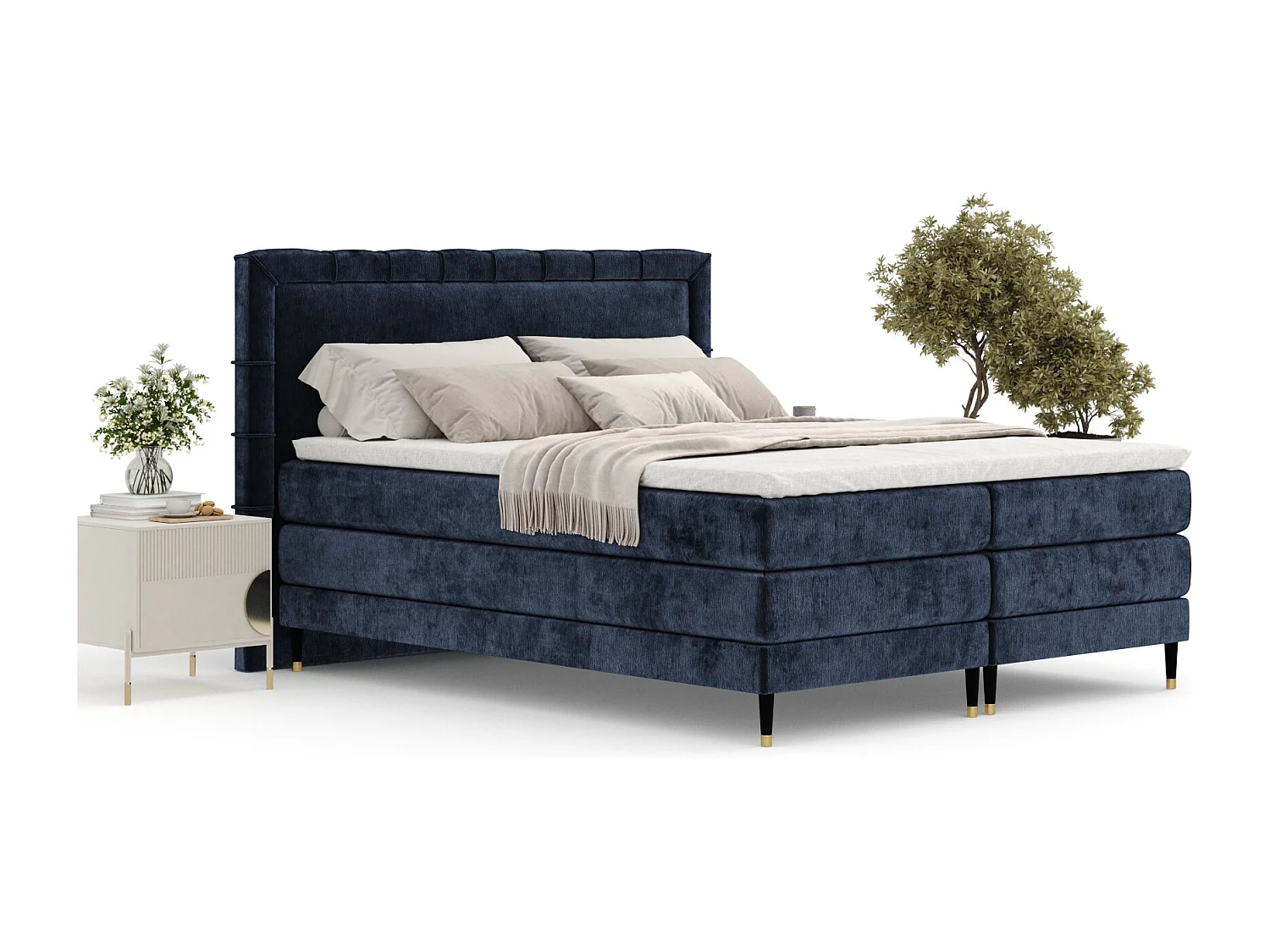 Boxspringbett aus Chenille-Stoff Rimini - Matratze - Toppermatratze - 160x200 cm - marineblau