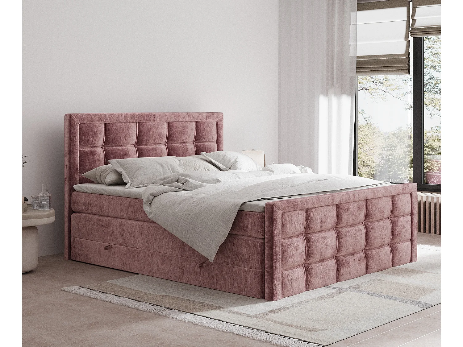 Boxspringbett aus Chenille-Stoff Ambrosia - Matratze - Toppermatratze - 180x200 cm - rosa