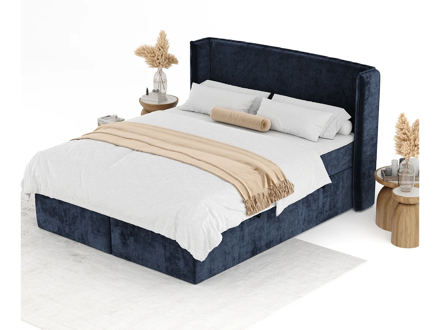 Lit boxspring en tissu chenille Skyline - matelas - surmatelas - 160x200 cm - bleu marine