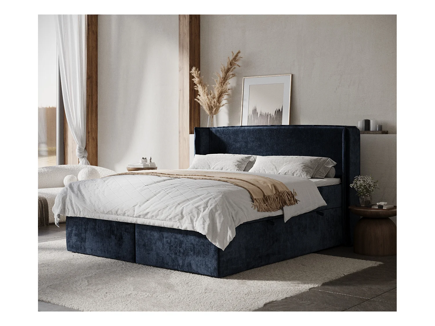 Lit boxspring en tissu chenille Skyline - matelas - surmatelas - 160x200 cm - bleu marine