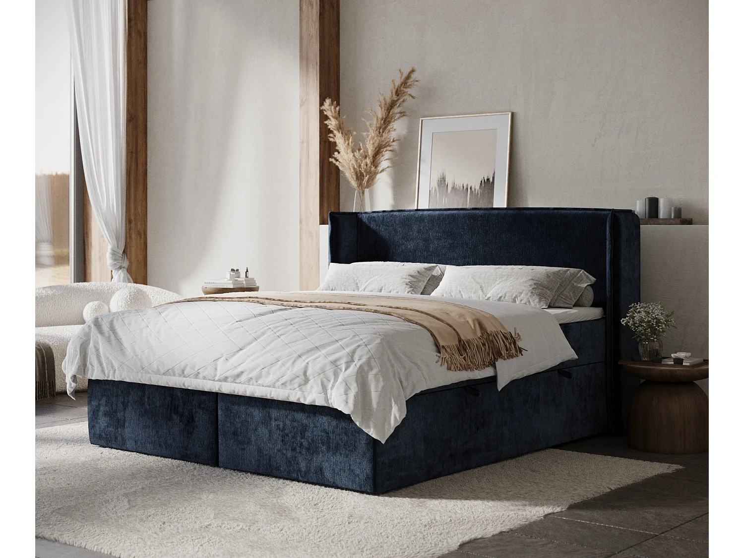 Lit boxspring en tissu chenille Skyline - matelas - surmatelas - 160x200 cm - bleu marine