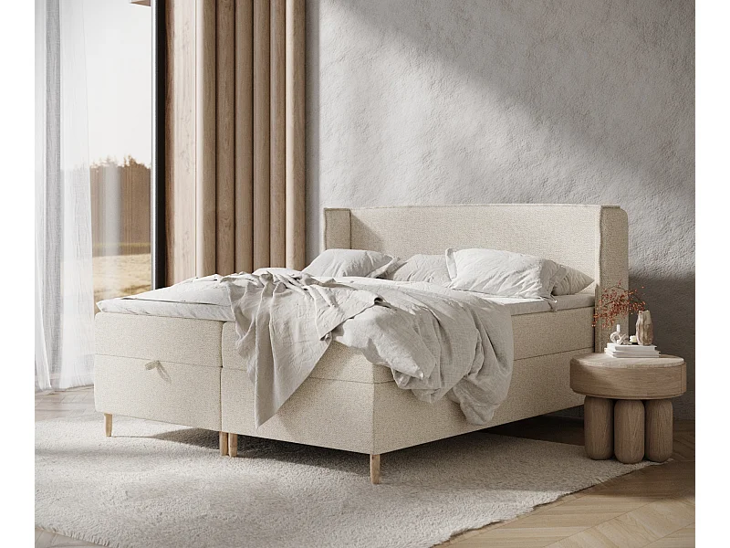 Boxspringbett aus Boucle-Stoff Monpelli - Matratze - Toppermatratze - 160x200 cm - creme