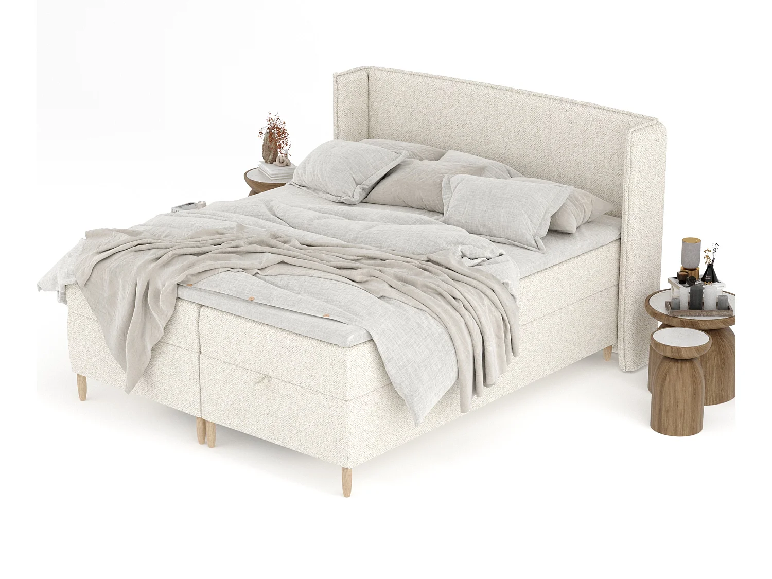 Lit boxspring en tissu bouclette Monpelli - matelas - surmatelas - 160x200 cm - creme