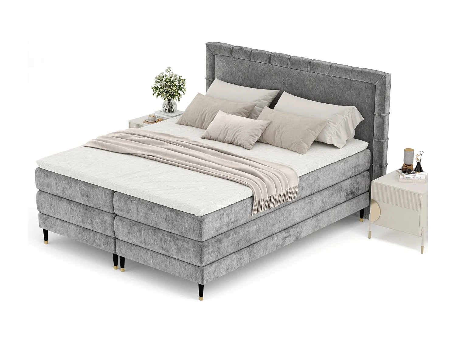 Lit boxspring en tissu chenille Rimini - matelas - surmatelas - 140x200 cm - gris