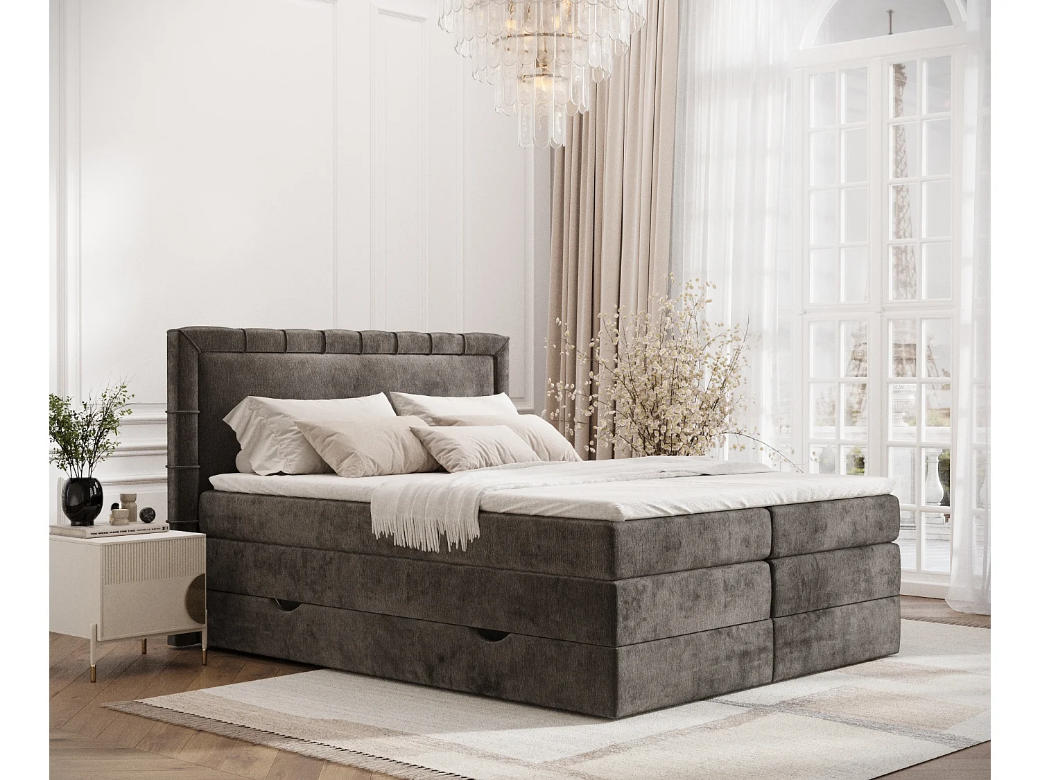 Boxspringbett aus Chenille-Stoff Rosabel - Matratze - Toppermatratze - 200x200 cm - braun