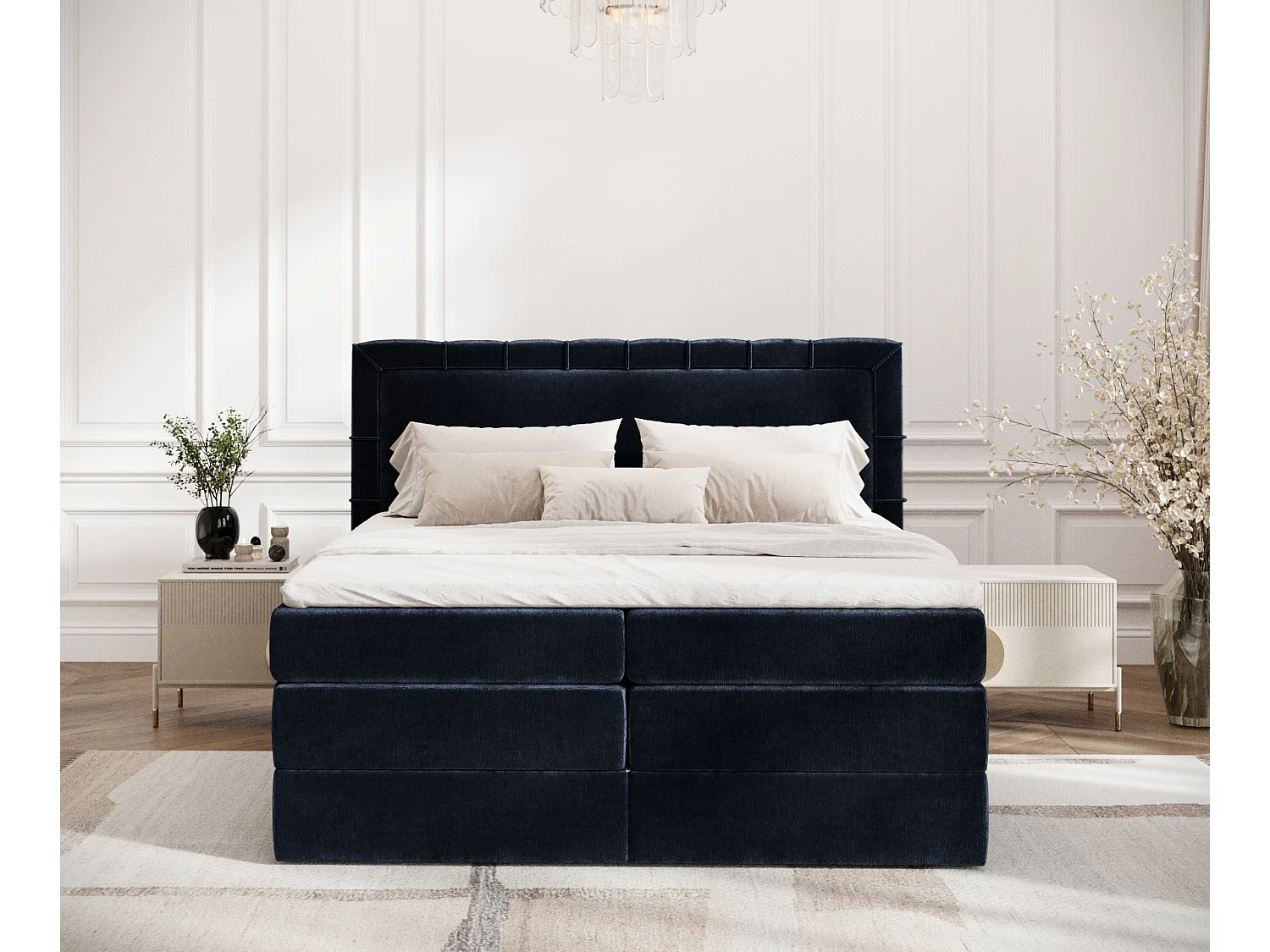 Boxspringbett aus Chenille-Stoff Rosabel - Matratze - Toppermatratze - 140x200 cm - marineblau