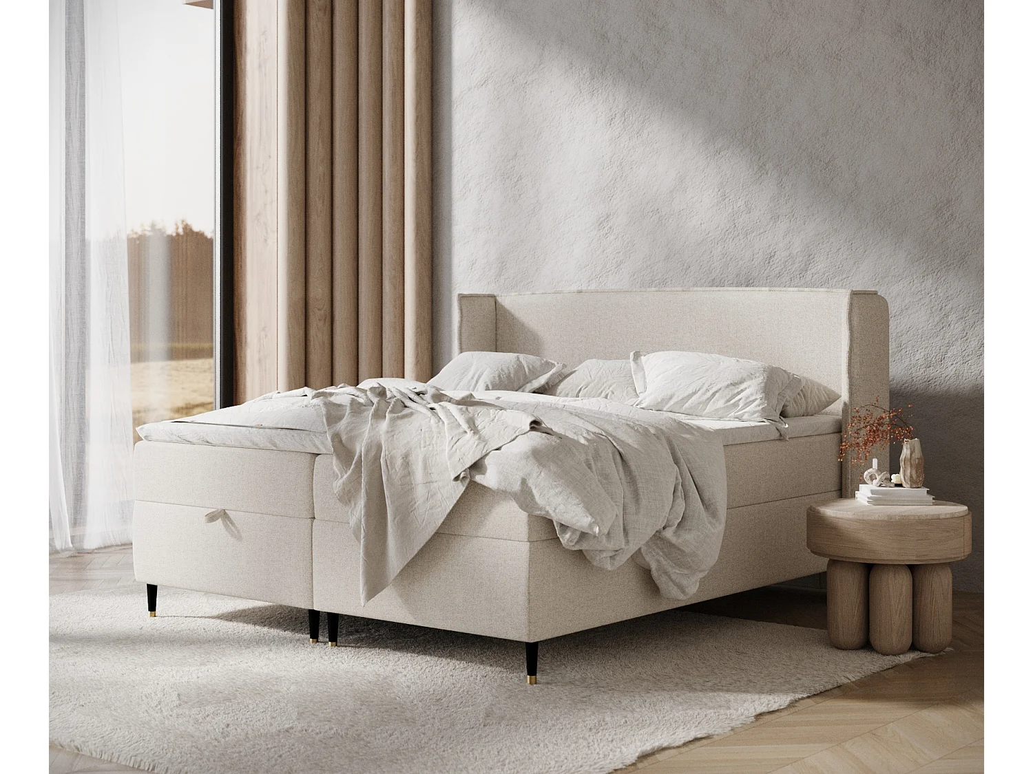 Boxspringbett aus Webstoff Monpelli - Matratze - Toppermatratze - 160x200 cm - beige