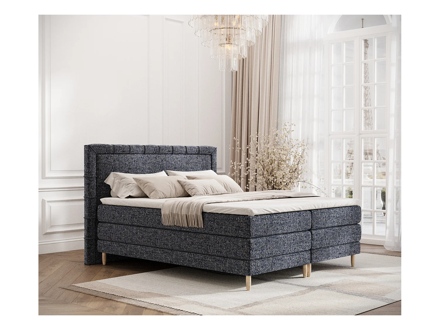 Lit boxspring en toile tissée Rimini - matelas - surmatelas - 160x200 cm - bleu marine