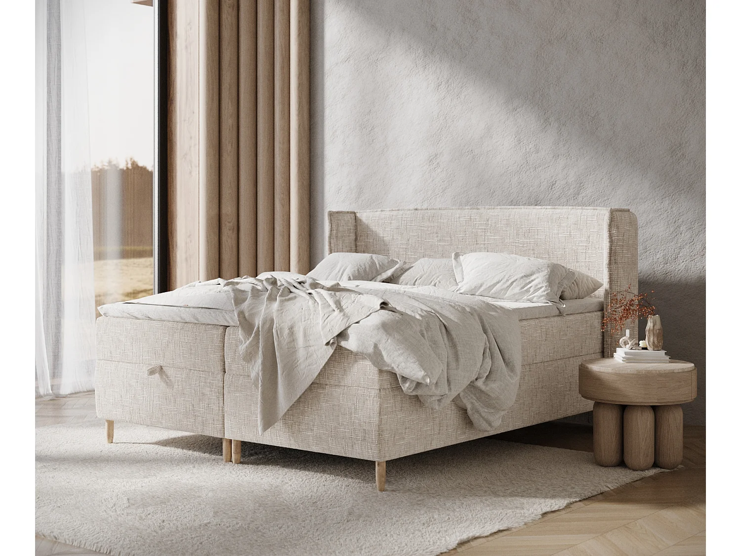 Boxspringbett aus Webstoff Monpelli - Matratze - Toppermatratze - 180x200 cm - creme