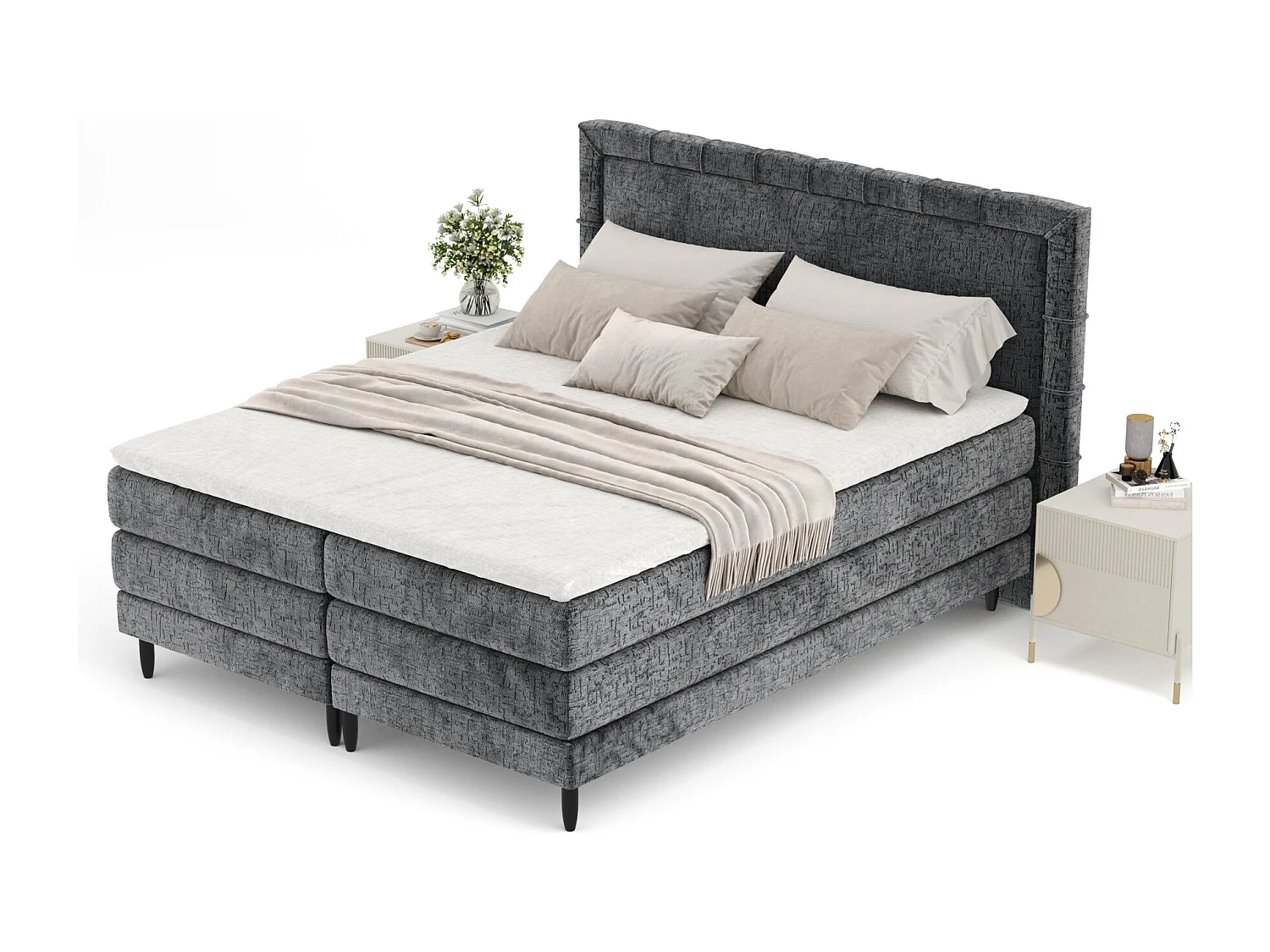 Lit boxspring en tissu chenille Rimini - matelas - surmatelas - 140x200 cm - anthracite