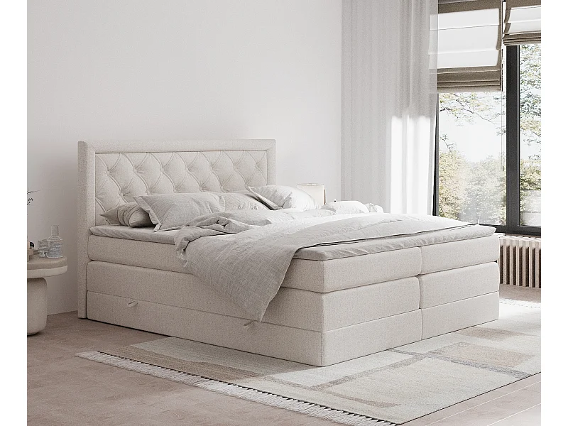 Łóżko boxspring w tkaninie plecionej Aurelia - materac - topper - 200x200 cm - beżowy