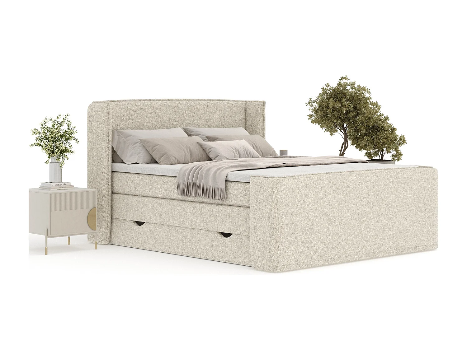 Boxspringbett aus Boucle-Stoff Freeland - Matratze - Toppermatratze - 200x200 cm - beige