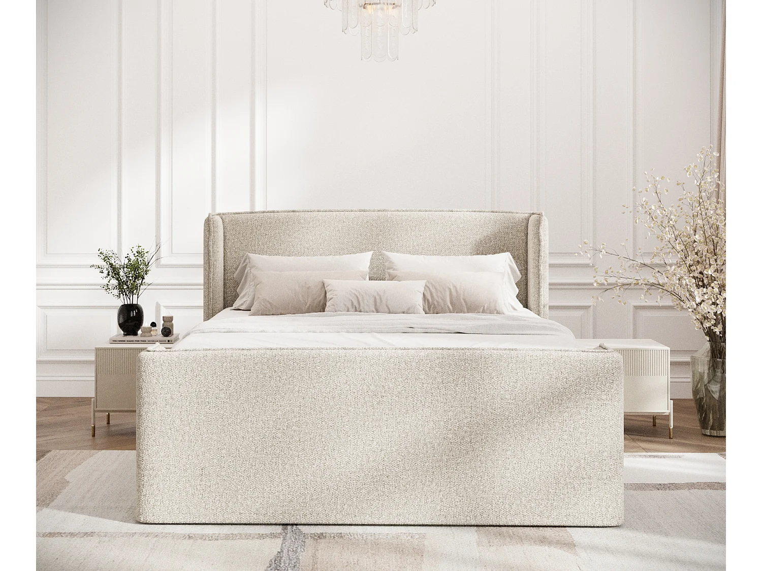 Boxspringbett aus Boucle-Stoff Freeland - Matratze - Toppermatratze - 200x200 cm - beige