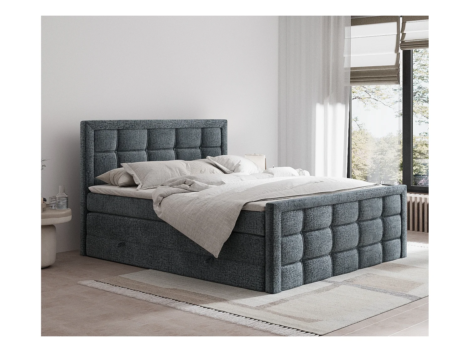 Lit boxspring en tissu chenille Ambrosia - matelas - surmatelas - 140x200 cm - gris