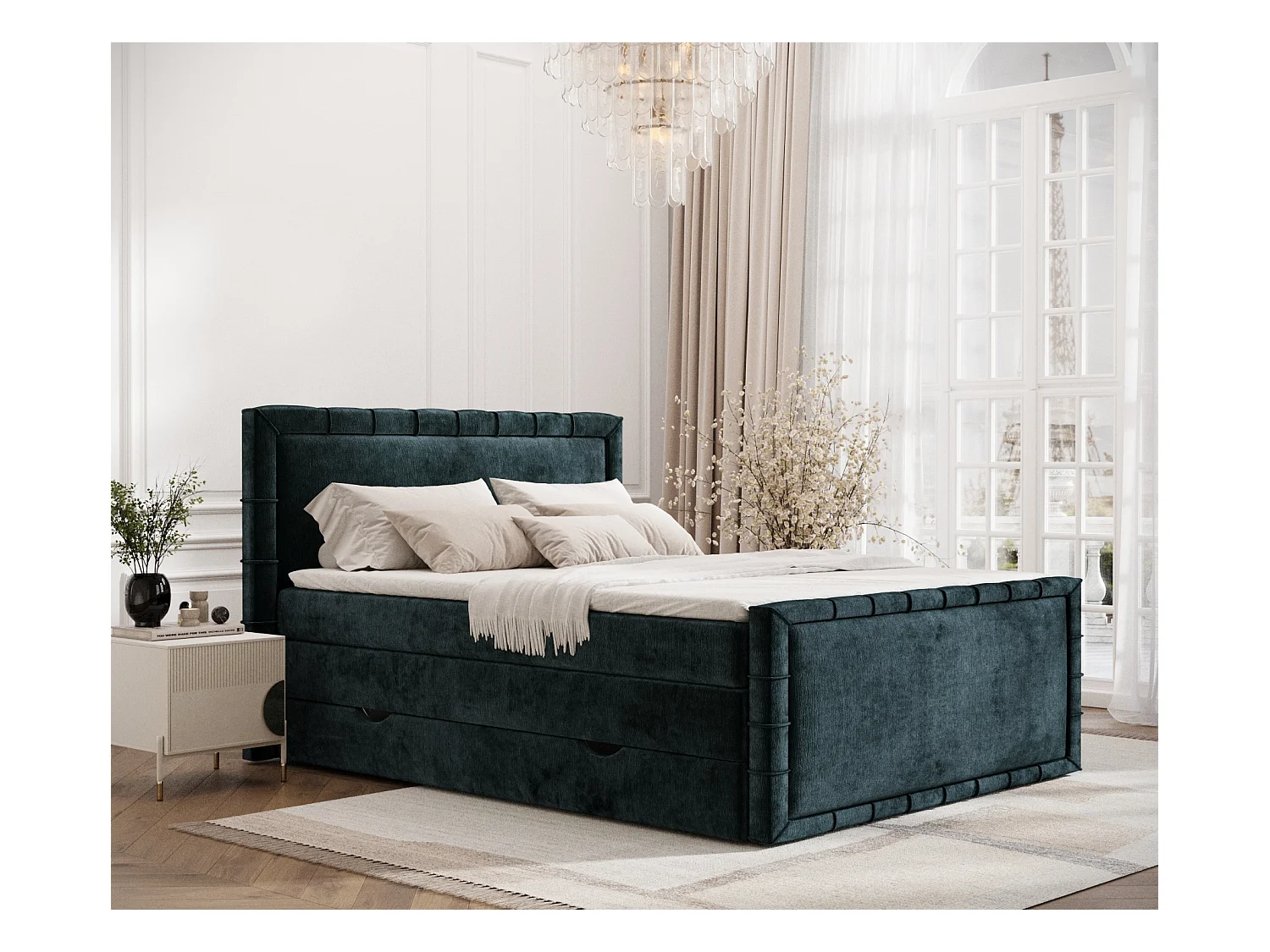 Lit boxspring en tissu chenille Estelle - matelas - surmatelas - 160x200 cm - couleur sarcelle