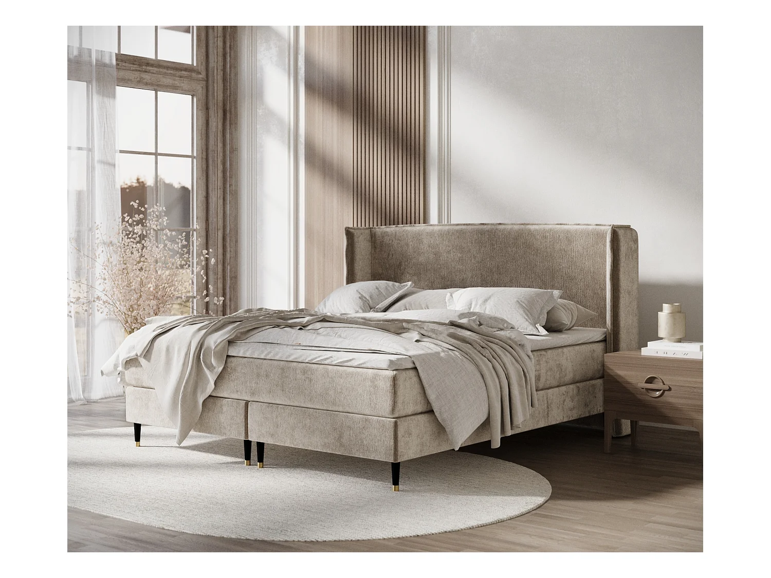 Lit boxspring en tissu chenille Ardis - matelas - surmatelas - 140x200 cm - beige