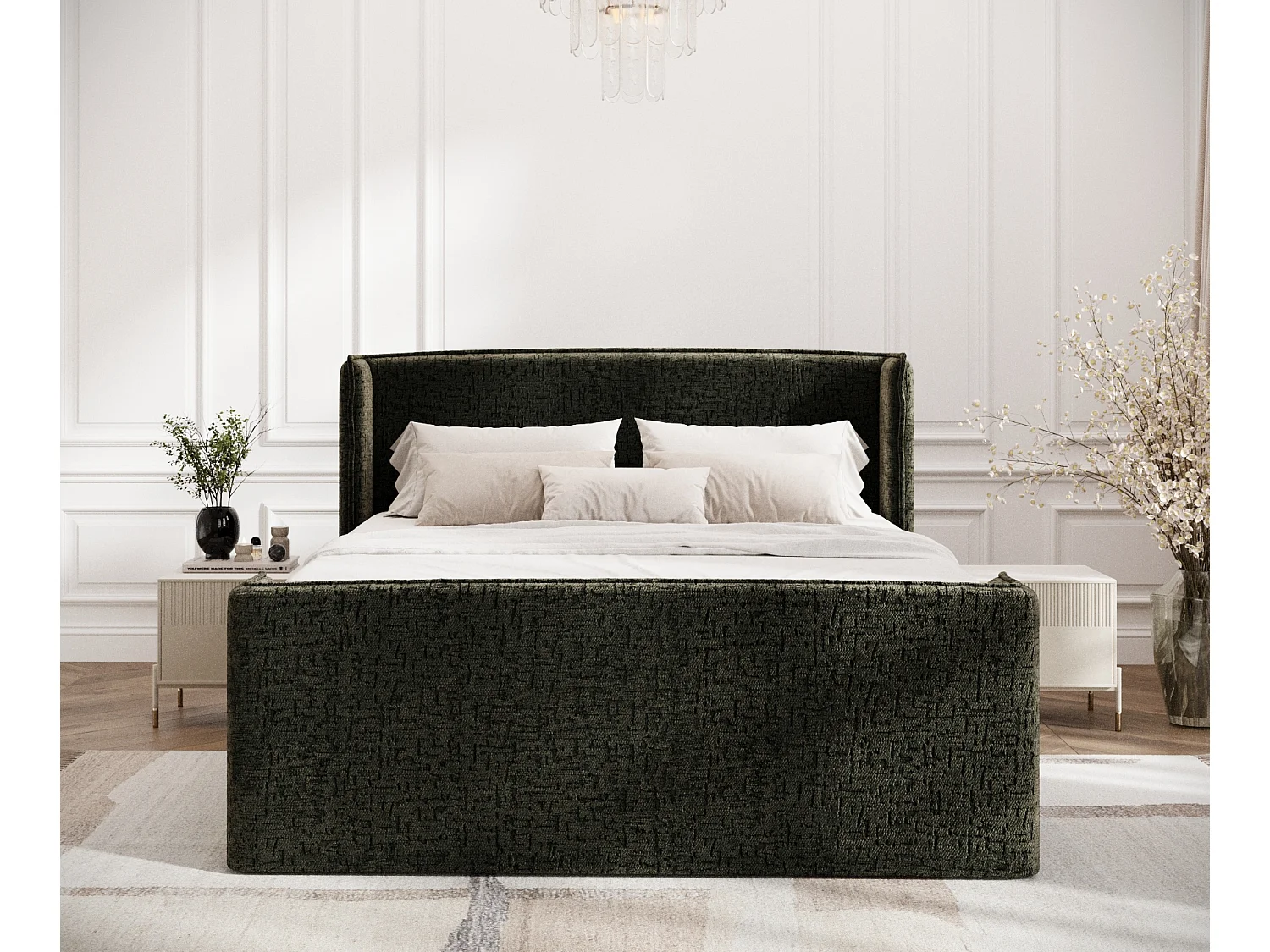 Boxspringbett aus Chenille-Stoff Freeland - Matratze - Toppermatratze - 200x200 cm - olivenfarbe