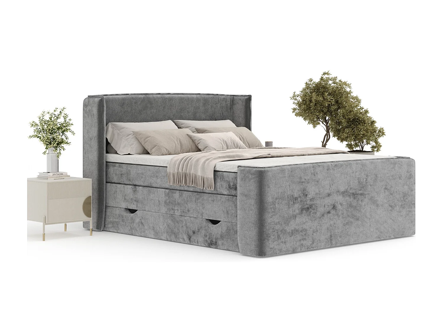 Lit boxspring en tissu chenille Freeland - matelas - surmatelas - 160x200 cm - gris