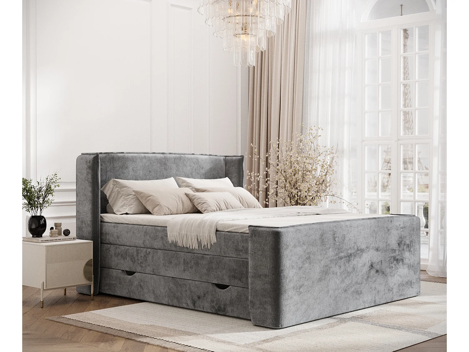 Boxspringbett aus Chenille-Stoff Freeland - Matratze - Toppermatratze - 160x200 cm - grau