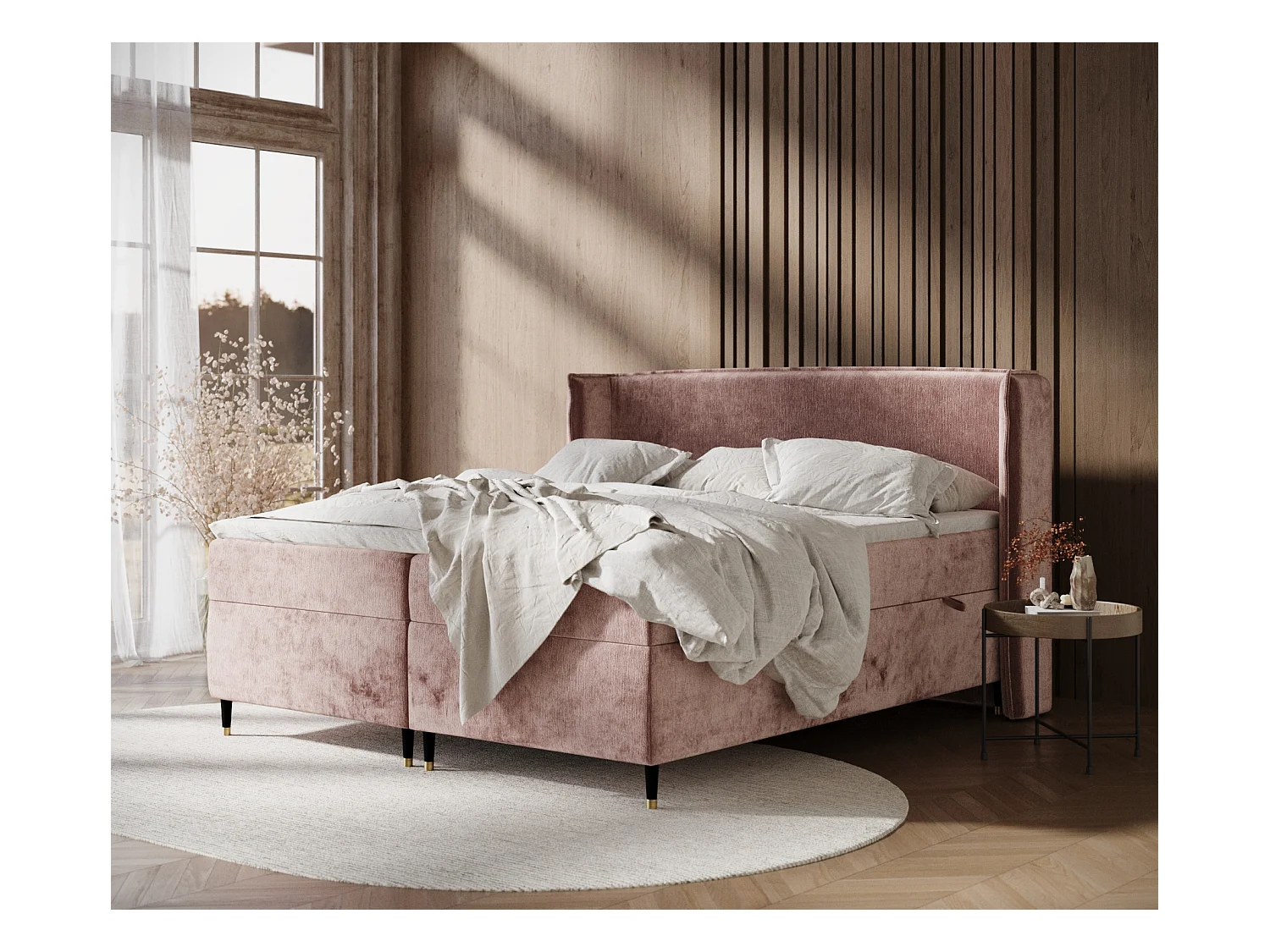 Lit boxspring en tissu chenille Segni - matelas - surmatelas - 160x200 cm - rose