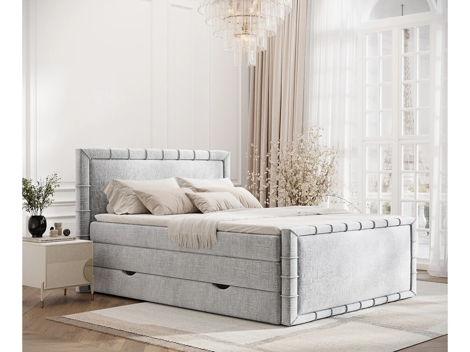 Boxspringbett im Chenille-Stoff Estelle - Matratze - Topper - 200x200 cm - hellgrau