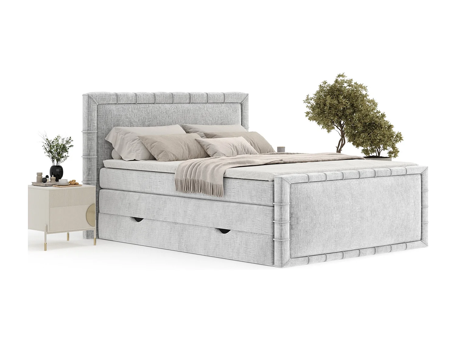 Boxspringbett im Chenille-Stoff Estelle - Matratze - Topper - 200x200 cm - hellgrau