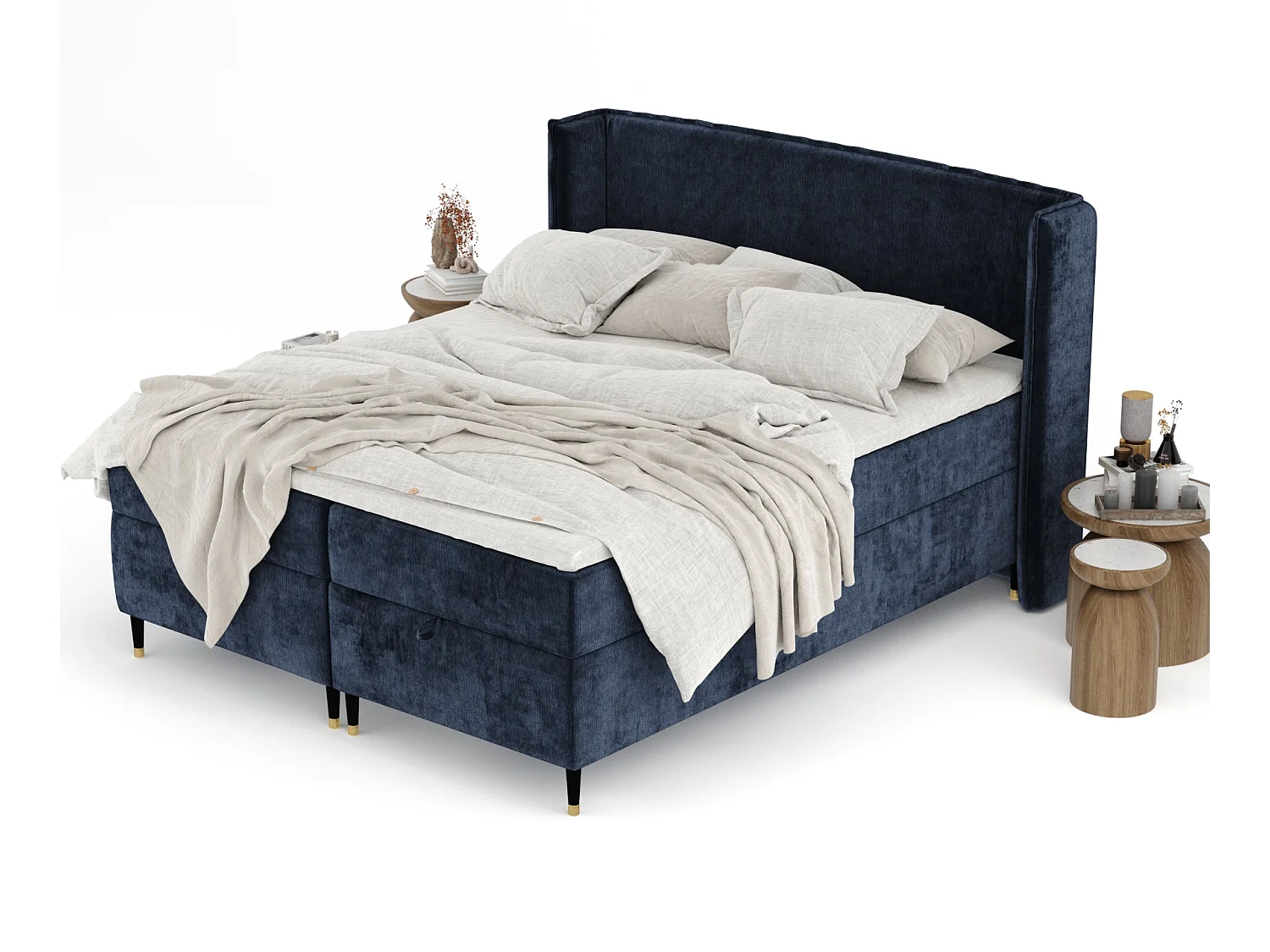 Lit boxspring en tissu chenille Monpelli - matelas - surmatelas - 180x200 cm - bleu marine