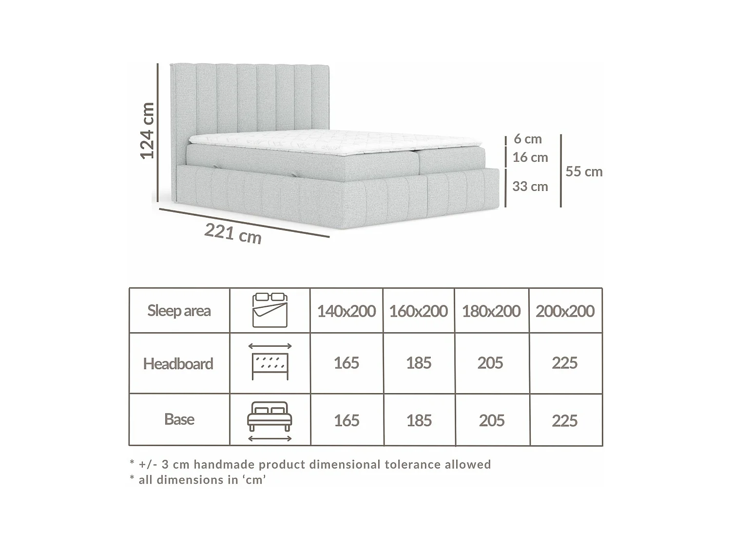 Boxspringbett aus Webstoff Moretti - Matratze - Toppermatratze - 160x200 cm - beige