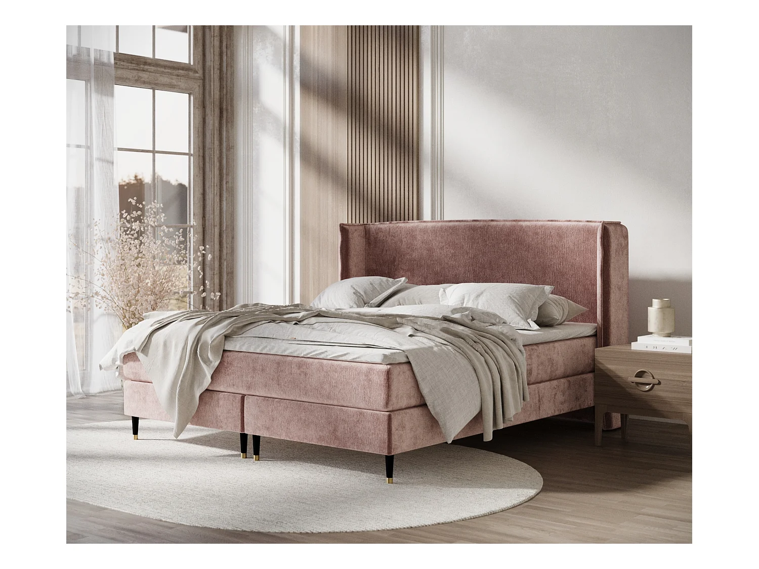 Lit boxspring en tissu chenille Ardis - matelas - surmatelas - 140x200 cm - rose