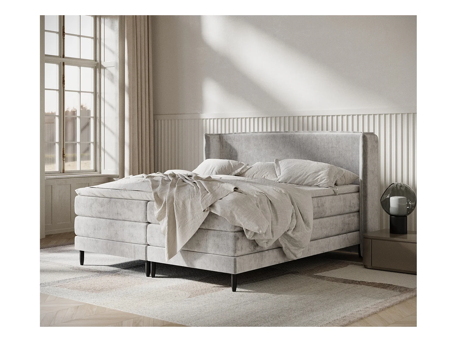 Lit boxspring en tissu chenille Carizzo - matelas - surmatelas - 140x200 cm - gris clair