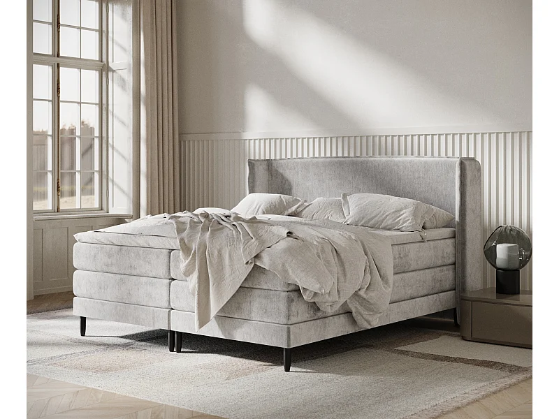 Łóżko boxspring w tkaninie szenilowej Carizzo - materac - topper - 140x200 cm - jasnoszary