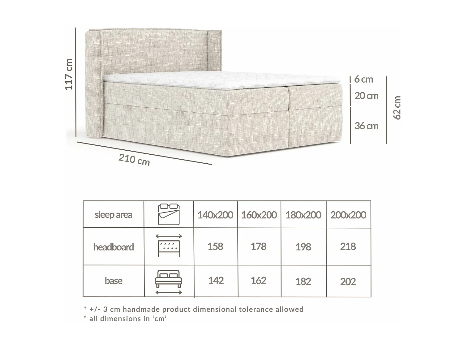 Boxspringbett aus Webstoff Skyline - Matratze - Toppermatratze - 140x200 cm - creme