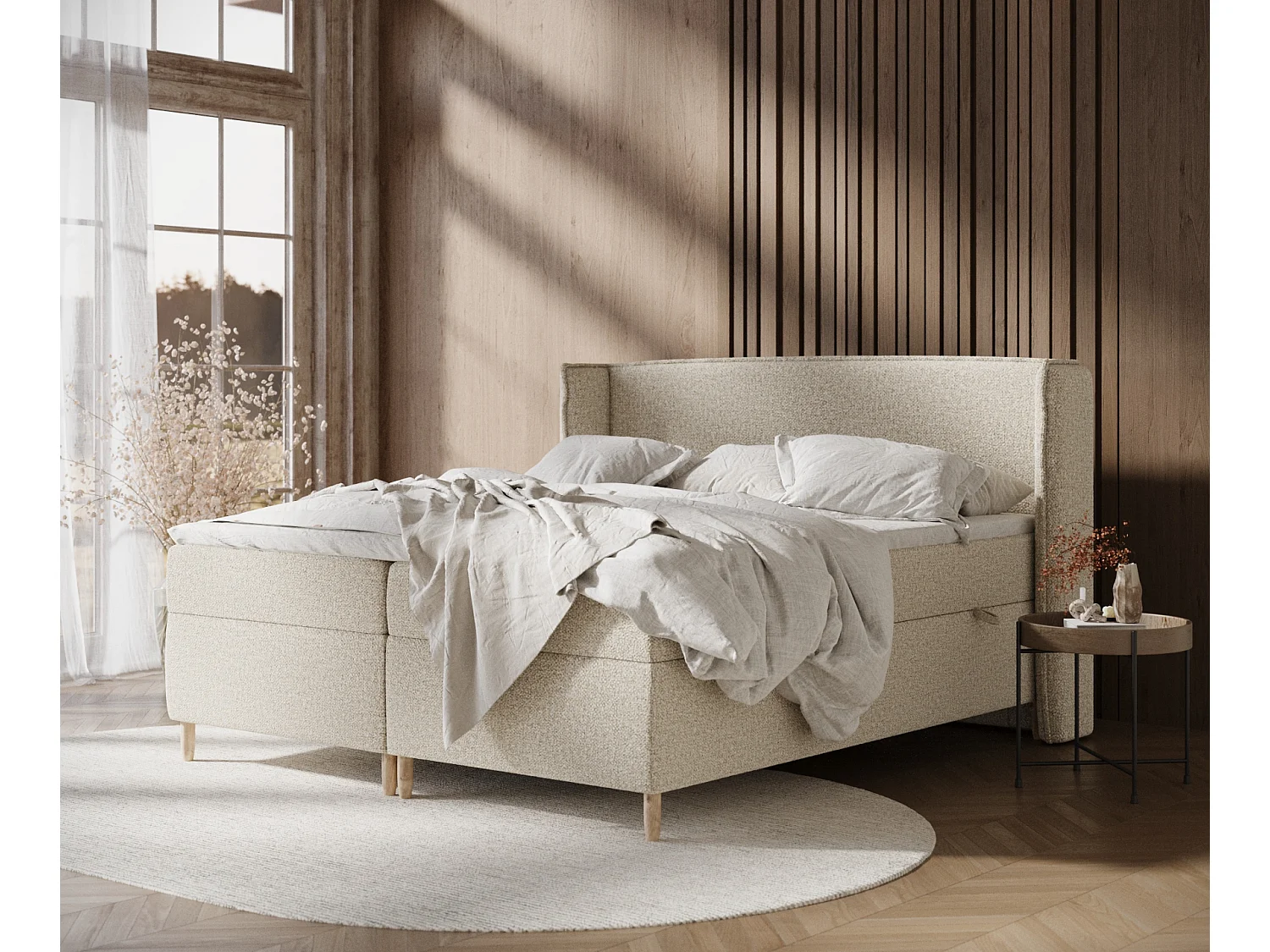 Boxspringbett aus Boucle-Stoff Segni - Matratze - Toppermatratze - 180x200 cm - beige