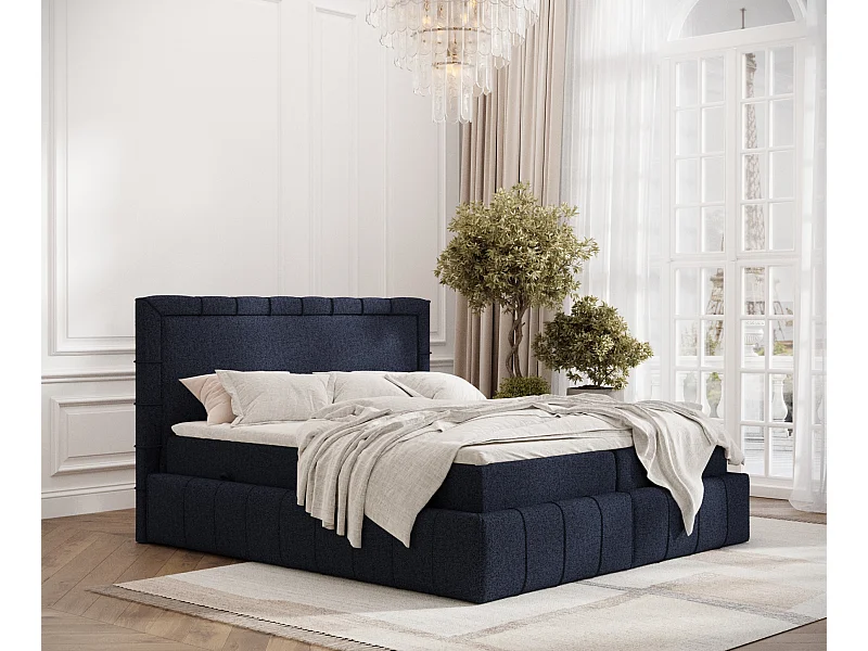 Łóżko boxspring w tkaninie plecionej Sundown - materac - topper - 180x200 cm - granatowy