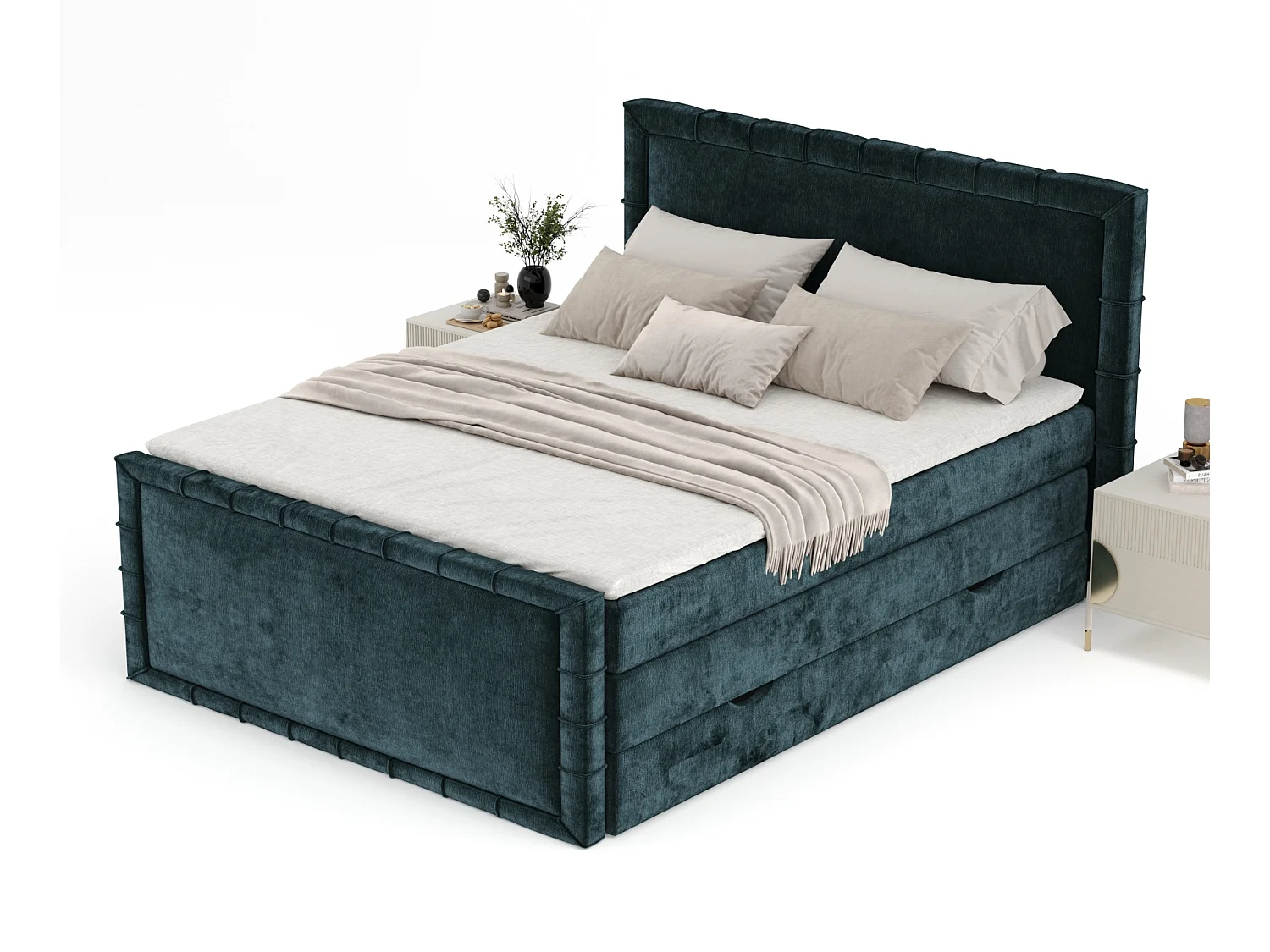Lit boxspring en tissu chenille Estelle - matelas - surmatelas - 200x200 cm - couleur sarcelle