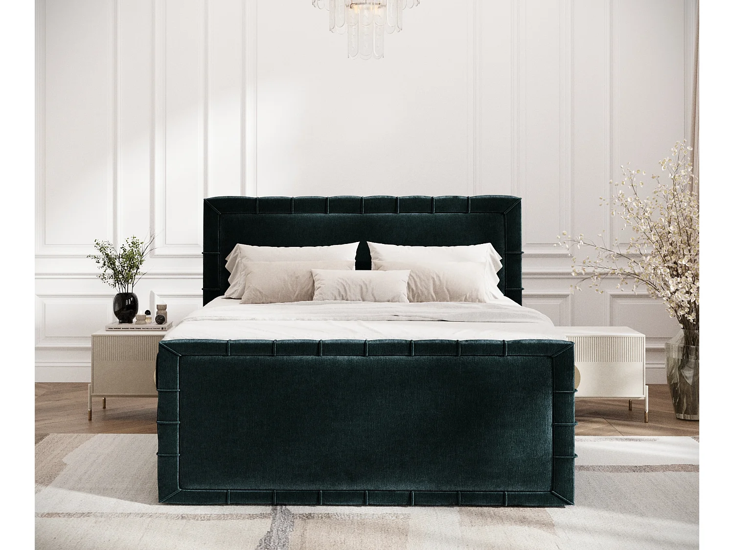 Boxspringbett im Chenille-Stoff Estelle - Matratze - Topper - 200x200 cm - teal