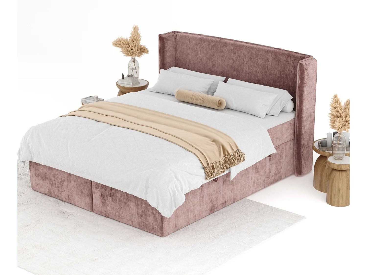 Boxspringbett aus Chenille-Stoff Skyline - Matratze - Toppermatratze - 140x200 cm - rosa