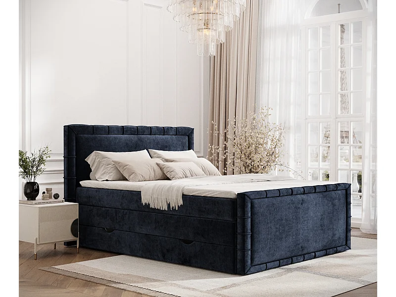 Boxspringbett im Chenille-Stoff Estelle - Matratze - Topper - 180x200 cm - marineblau