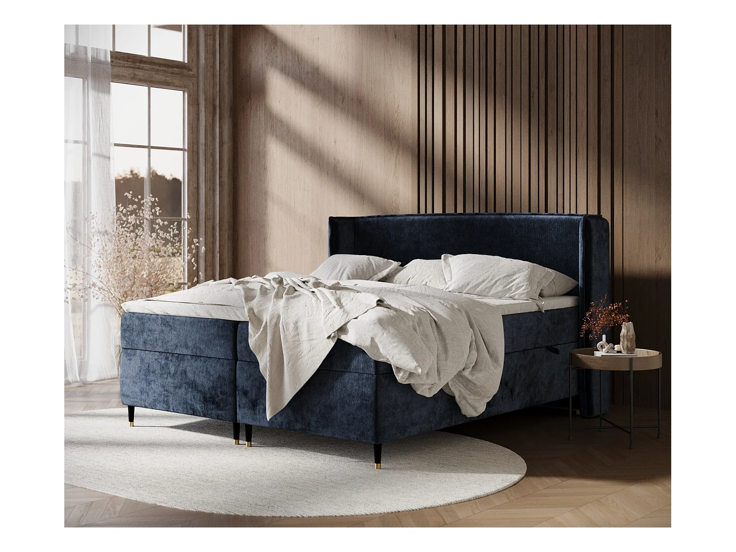 Lit boxspring en tissu chenille Segni - matelas - surmatelas - 160x200 cm - bleu marine