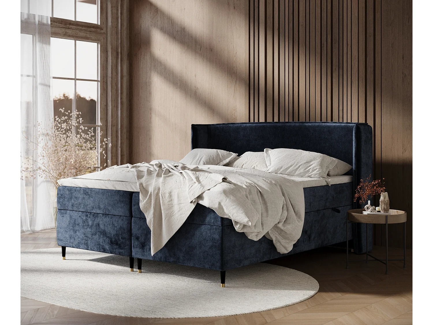 Lit boxspring en tissu chenille Segni - matelas - surmatelas - 160x200 cm - bleu marine