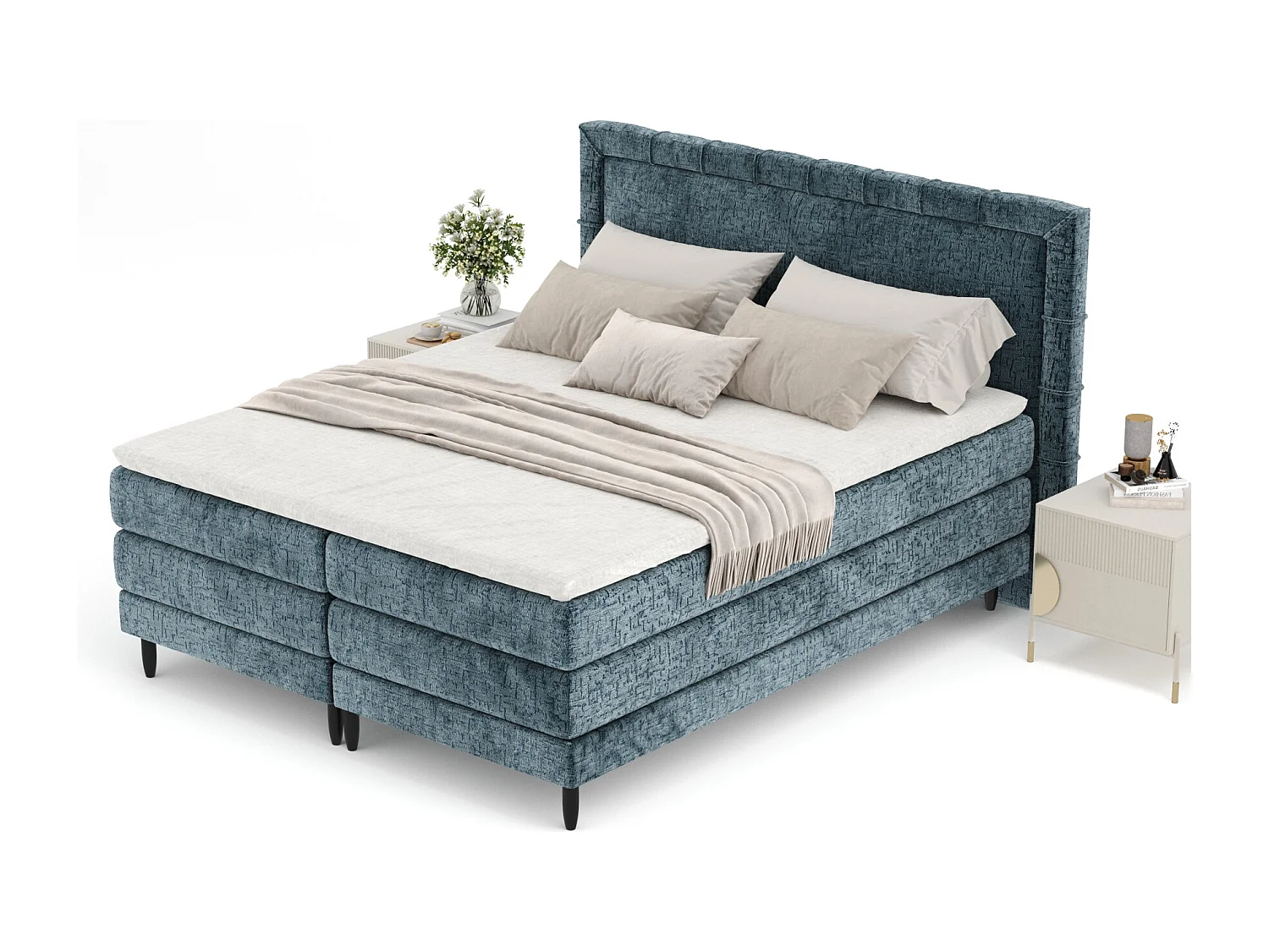 Boxspringbett aus Chenille-Stoff Rimini - materac - topper - 180x200 cm - blau