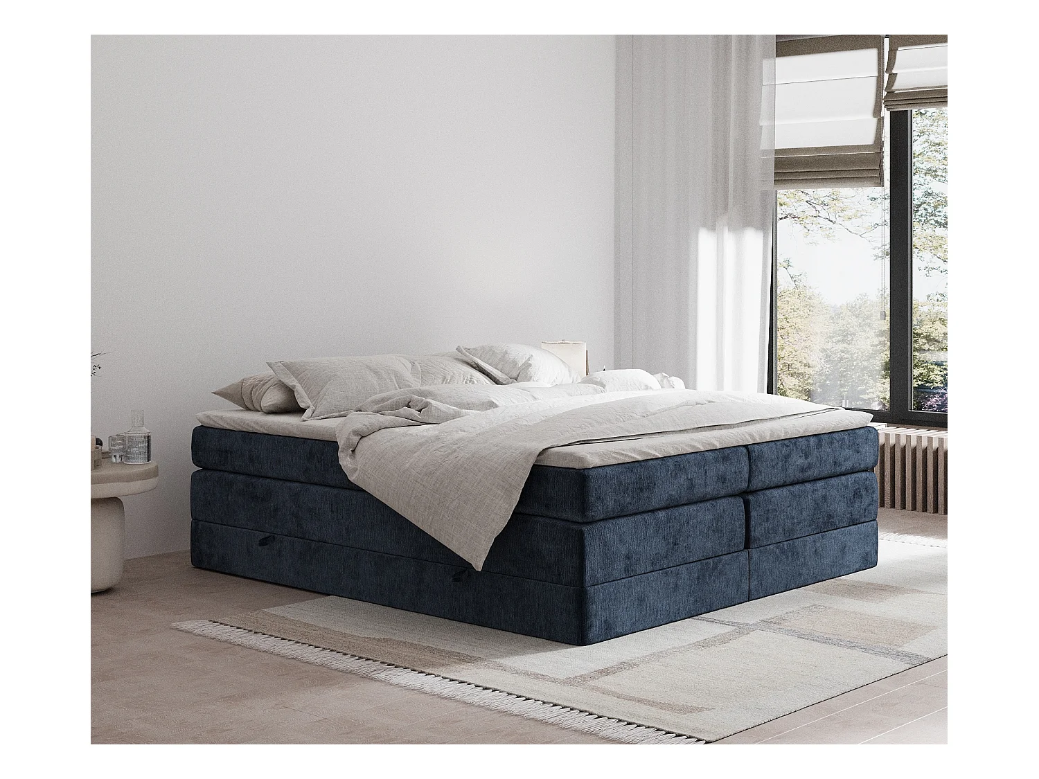 Lit boxspring en tissu chenille Juniper - matelas - surmatelas - 200x200 cm - bleu marine
