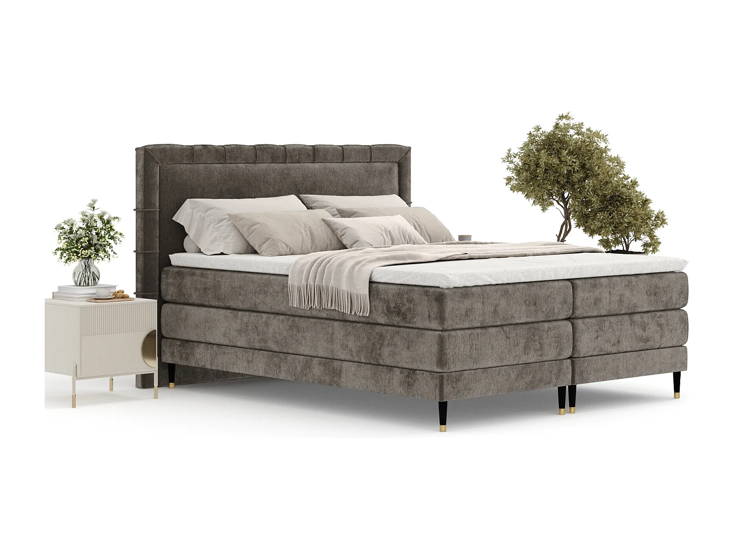 Boxspringbett aus Chenille-Stoff Rimini - Matratze - Toppermatratze - 140x200 cm - braun