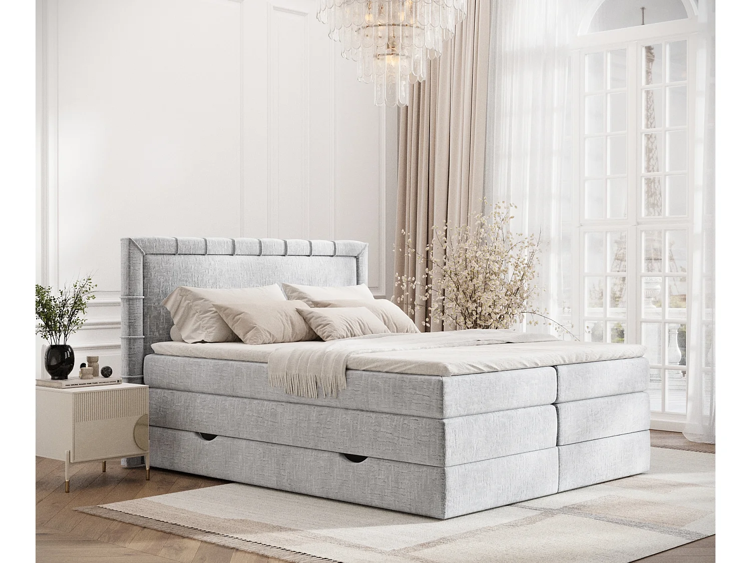 Lit boxspring en tissu chenille Rosabel - matelas - surmatelas - 200x200 cm - gris clair