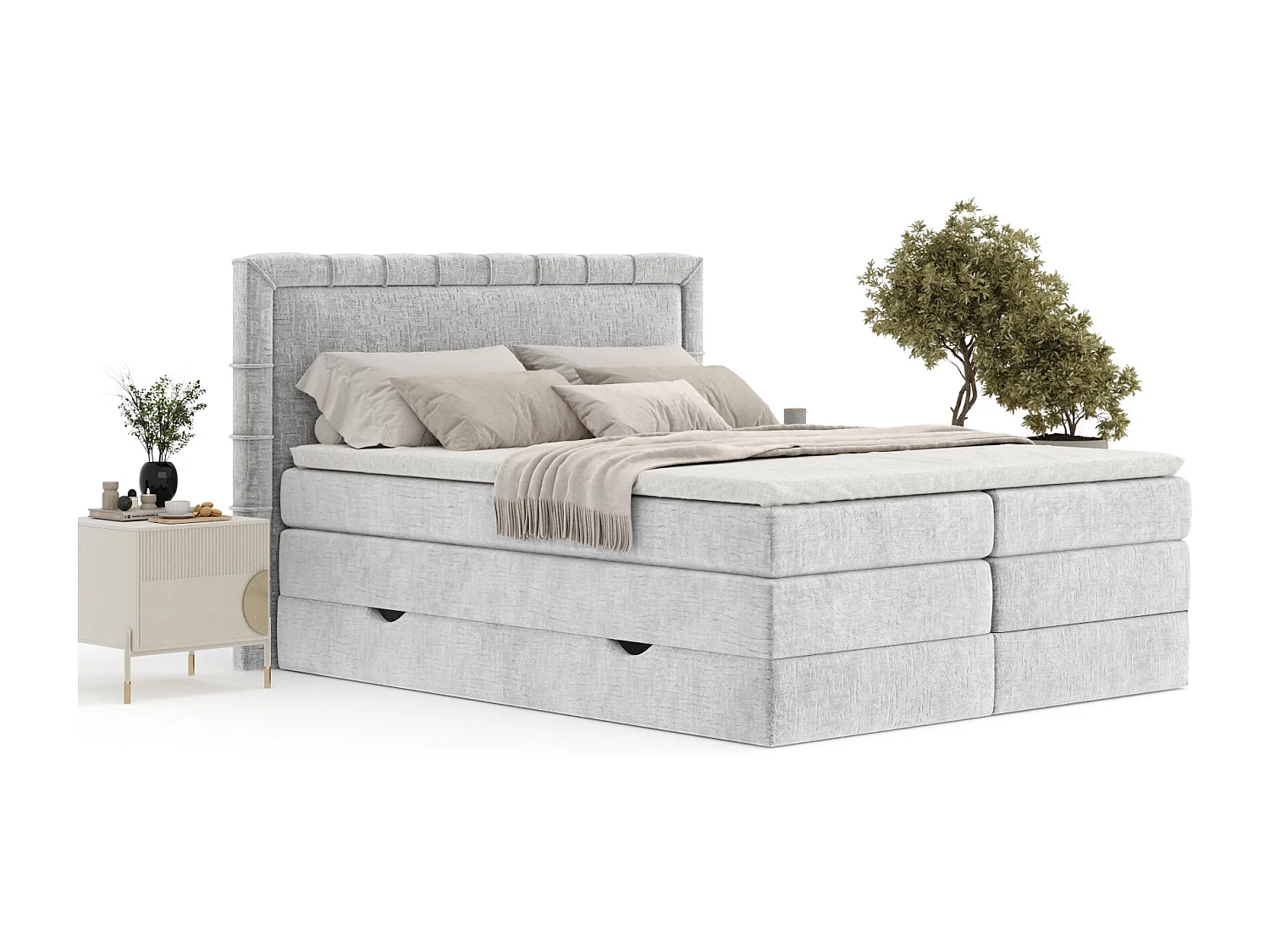 Boxspringbett aus Chenille-Stoff Rosabel - Matratze - Toppermatratze - 200x200 cm - hellgrau