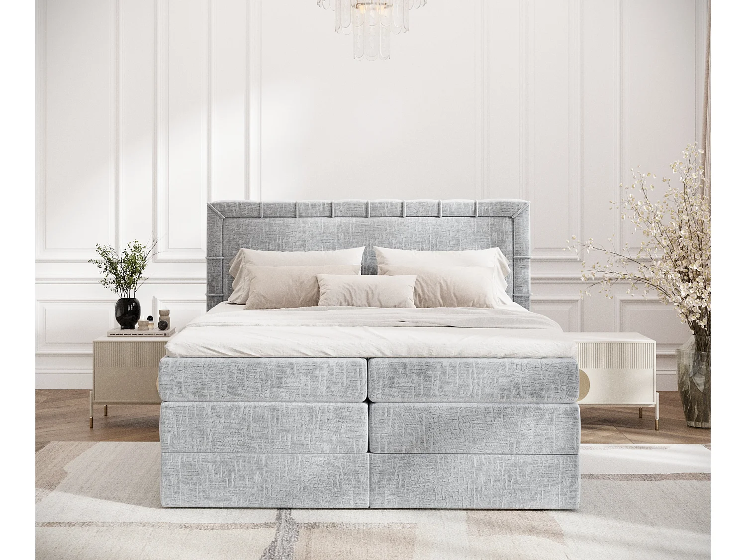 Boxspringbett aus Chenille-Stoff Rosabel - Matratze - Toppermatratze - 200x200 cm - hellgrau
