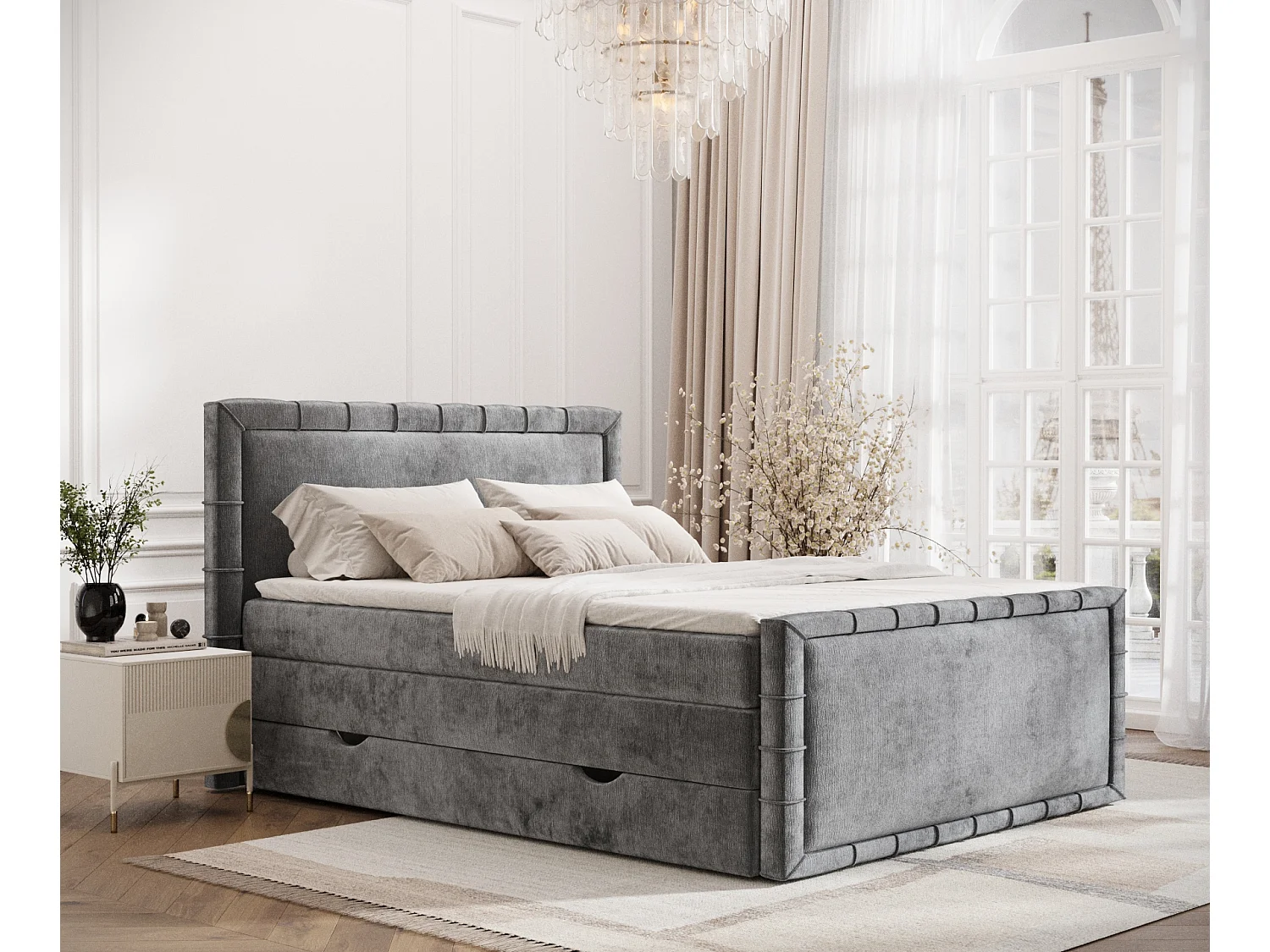 Boxspringbett im Chenille-Stoff Estelle - Matratze - Topper - 140x200 cm - grau
