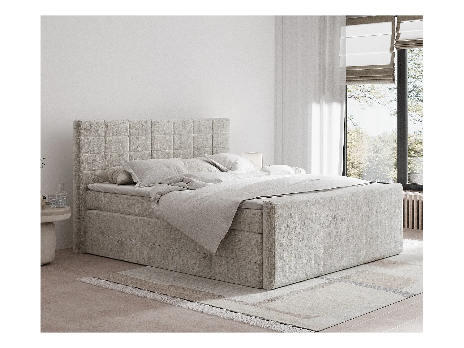 Lit boxspring en tissu chenille Ava - matelas - surmatelas - 200x200 cm - beige