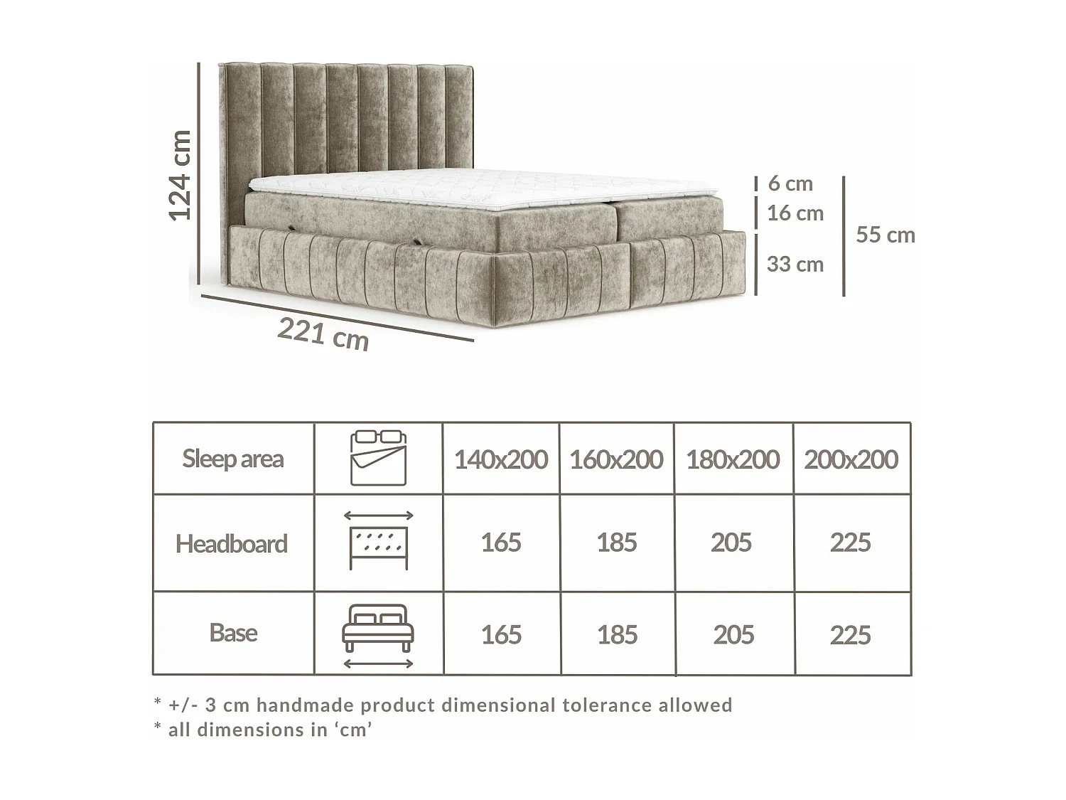 Boxspringbett aus Chenille-Stoff Moretti - Matratze - Toppermatratze - 160x200 cm - hellgrau